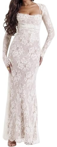 Robe, robe longue, 2 pièces, corset capelet floral en maille douce, robe de soirée sexy, châle corset en dentelle avec cordon de serrage, robe longue, blanc, XS