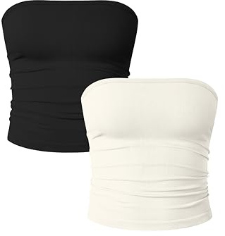 OQQ Womens 2 Piece Tube Tops Strapless Basic Sleeveless Stretch Classic-Fit Shirts Sexy Crop Tops Black Beige