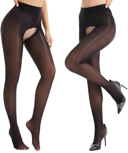 Viyongan Shiny Open Crotch Pantyhose for Women Ultra Oil Shimmer Tights High Waist Glossy Stockings 2 Pairs(Black,S-M)