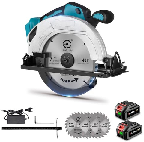 ONEVAN Sega circolare a batteria con 2 batterie da 4000 mAh, batteria 1000 W, 4500 giri/min, sega circolare a mano, con 3 lame circolari da 185 mm, sega circolare da 0 a 45°, per legno, metallo