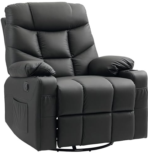 HOMCOM Recliner Armchair, Swivel PU Leather Manual Reclining Chair with Adjustable Leg Rest, Drink Holders, Side Pockets, Rocker Chair for Home Living Room, Black