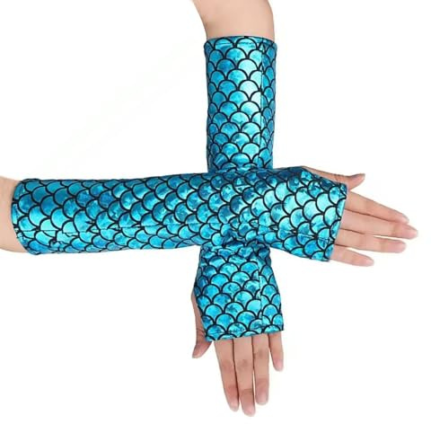 Granvoo Fingerlose Handschuhe Meerjungfrau Damen, Glänzend Fischschuppen Gedruckt Lange Handschuhe, Mädchen Halb Fingerlose Arm Ärmel für Bühne Leistung Fasching Partei Kostüm Zubehör (Blau, 1)