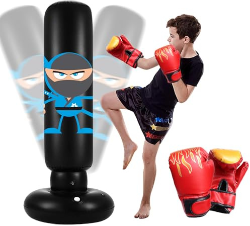 HIULLEN Sac de Boxe Enfant 165 cm, Sac de Frappe sur Pied avec Gants de Boxe, Sac de Boxe Gonflable Sac de Boxe Debout pour Boxe Karaté Kickboxing Équipement d'entraînement Cadeau pour Garçons Filles