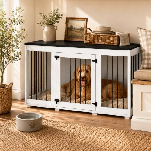 Hundebox für Zuhause – Hundekäfig aus Holz & Metall für kleine Hunde, Möbelstil Hundekiste mit Türen, belastbar bis 50 kg, 136 x 56 x 70 cm – Modernes Design für Innenbereich