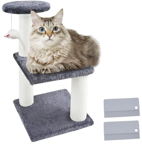 40cm Cat Tower for Indoor Cats, 3-tier Small Cat Tree Activity Tree Scratching Posts with Suspension balls and Scratching Post, Kitten Plush Cushion Cat Hair Cleaning Brushes Grey