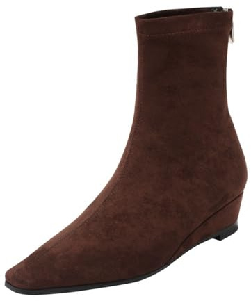 Liaddkv Botines elegantes para mujer con tacón elástico de ante – Botines de tacón de cuña – Botines de invierno con cordones – Botines de tacón alto para mujer, marrón, 40 EU