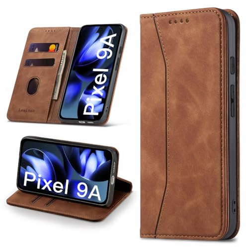 Leaisan Mobiltelefonfodral för Google Pixel 9A fodral premium läder flip vikbar stötsäker magnetisk [stativfunktion] [kortfickor] skyddsfodral för Google Pixel 9A 5G-väska – brun