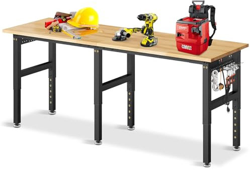 MUWOOD 84” Adjustable Height Workbench, 5000 LBS Heavy Duty Table Rubber Wood Workstation with Power Outlet & Pegboard for Garage, Office, Workshop, Home,Commercial