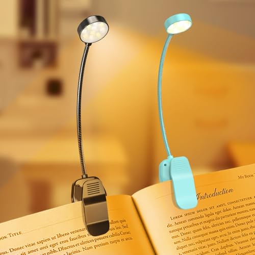 KTEBO 2 Packs Rechargeable Book Reading Light - Adjustable Brightness, 3 Color Temperatures, 30+ Hours Runtime - Eye Care 10 LED Lamp for Reading for Bed,Back to School Gift for Students,Blue & Black