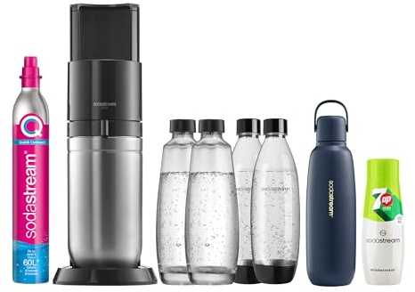 SodaStream Wassersprudler DUO mit Quick-Connect CO2-Zylinder | inkl. 2x 1L Glasflasche + 2x 1L FUSE Kunststoffflasche + 0,9L Fizz&go COOL Metallflasche in Storm + Sirup 7UP Zero Zucker (440ml)