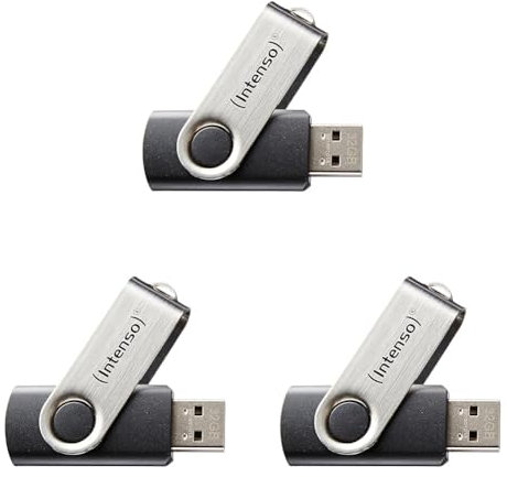 Intenso Basic Line - Memoria USB 2.0 de 64 GB (28 MB/s), Color Negro y Plateado (Paquete de 3)