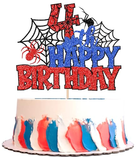 1 Stück Spinne Thema Tortendeko 4th Happy Birthday Cake Topper Glitzer Schrecklich Spinnennetz Kuchen Deko für Spinne Thema Kinder Vierte Geburtstag Party Kuchen Dekoration Blau Rot