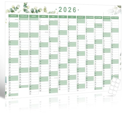 Wandkalender 2026 Groß – Din A1 (84,1 x 59,4 cm) – Jahresplaner laminiert mit 8 Aufklebern, Faltverpackung, Wandplaner Jahresübersicht für Büro, Schule & Zuhause, Eukalyptusgrün