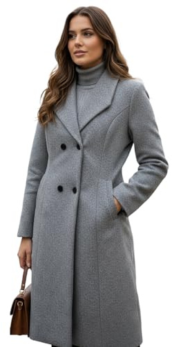 Women’s Double-Breasted Long Wool Coat – Classic Grey Winter Trench Coat with Lapel Collar, Elegant Warm Wool Blend Overcoat for Women, Stylish Ladies Long Coat (UK, Alpha, XL, L, Regular, Regular)