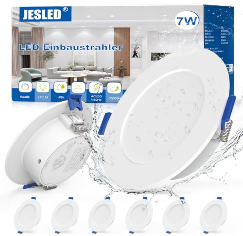 JESLED LED Einbaustrahler 230V, 7W 710LM LED Spot 75mm - 90mm Lochmaß | IP54 Einbauleuchten Für Badezimmer Küche Wohnzimmer, 4000K Einbauspots, Rund Weiss 6er Set