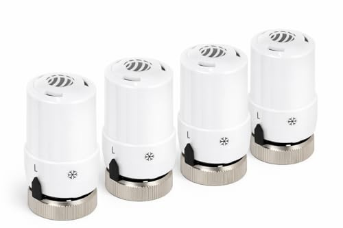 Aqbau 4er Set Heizkörperthermostat M30x1,5, 6–28 °C, Weiß | 4 Thermostatköpfe für Heizung und Heizkörper mit Flüssigfühler, Frostschutz, Skala 0–5 und Schließmaß ca. 11,5 mm.