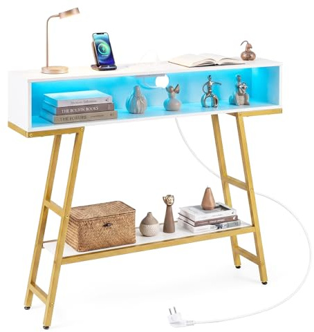COSTWAY Konsolentisch mit LED-Beleuchtung & Ladestation, 3-stufiger Flurtisch mit Stauraumfach & Ablage, Sofatisch schmal für Wohnzimmer, Flur, Eingang, Diele, 100 x 20 x 86,5 cm (Weiß & Gold)