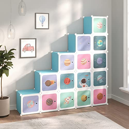 Runheo Kinderschrank Modular mit 15 Würfeln Blau PP schmal platzsparend mit Türen Organizer Ablage Aufbewahrungssystem stapelbar für Flur Diele Eingangsbereich Schuhregal Kommode