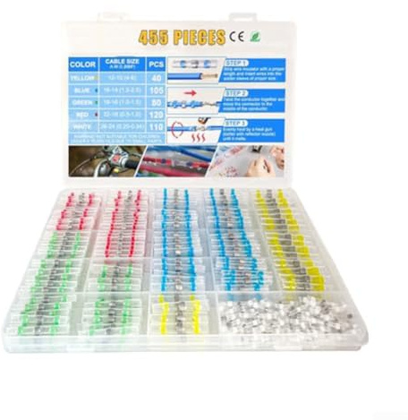 455PCS Set di connettori termoretraibili autosaldanti impermeabili – Connettori per cavi elettrici auto marine – Assortimento di connettori a crimpare 0,25 – 6 mm²