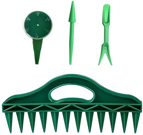 Juego de 4 herramientas de siembra para jardinería, herramientas de maceta con tenedor y herramientas puntiagudas, dispensador de siembra y kit de jardinería espaciador, para sembrar, labrar, flores