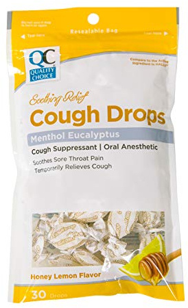 Quality Choice Honey Lemon Flavor Cough Drops, 30 Count Bag, Menthol Cough Suppressant and Oral Anesthetic, Suitable for Adults and Children Over 5 Years, Cold and Flu Relief, Cold Medicine