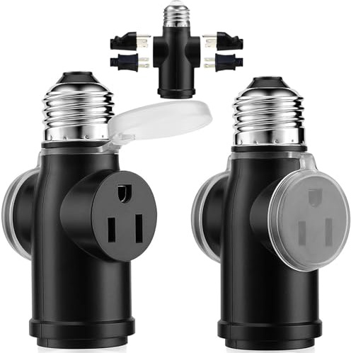 Onite 2-Pack Light Socket Outlet Adapter – Convert E26 Socket to 3-Prong Plug Outlet with Bulb Socket Kept, Dust-Proof Cover, Flame Retardant PBT, Indoor & Outdoor Use, Black