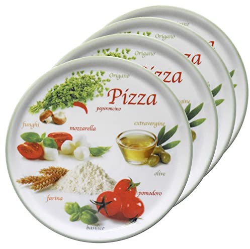 MamboCat 4er Set Pizzateller Napoli Green Ø 33,8 cm I Servierplatten mit Motiven I Vorspeisen Platten zum Anrichten für Antipasti oder Tomate-Mozzarella I Bunte Porzellan Teller für Pizza & Co