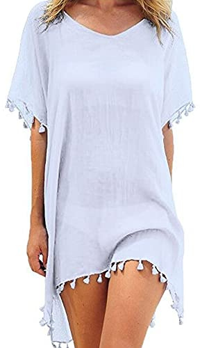 Mujer Suelto Vestido de Playa V Cuello Gasa Camisolas y Pareos con Borla Ropa de Baño de Playa Transparente Bikini Cover Up (Blanco) 32-36 / B