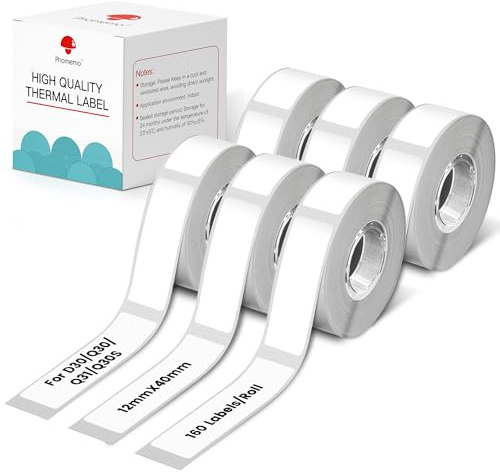 Phomemo D30 D30D Q30 Labels,Thermal Label Tape,12x40mm,6 Rolls, 160/Roll | Thermal Label Phomemo D30 Q30 D30D Label Printer,Suitable for Home,Office, School,Storage Organization,130 Labels/roll White