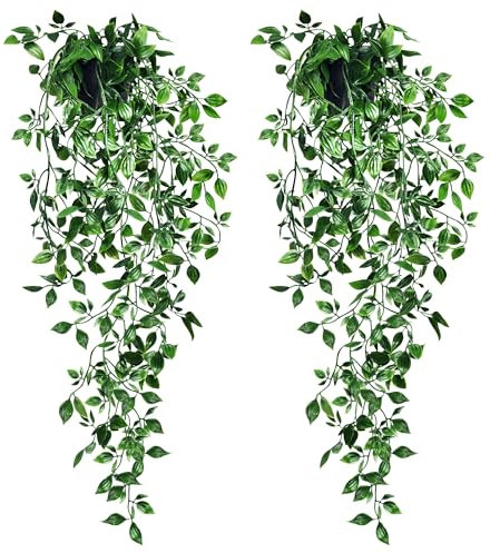 ROLLWAY 2 Stück Künstliche Pflanzen Hängend 75CM Künstliche Hängepflanzen im Topf Kunstpflanze Hängend wie Echt Topfpflanze Efeu Rebe mit Töpfen Grünpflanzen Plastikpflanzen für Outdoor Zimmer