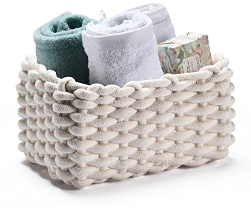 QSIDE Aufbewahrungskorb Baumwolle - 25x17x13 cm - Weiß - Badezimmer Organizer - Für Wickelauflage - Körbchen für Kallax Einsatz - Klopapier Aufbewahrung - Aufbewahrungskorb geflochten - Flechtkorb