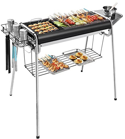 DXDRT Barbecue à Charbon Portable, Grill Charbon de Bois avec Poêle Antiadhésive, BBQ Grill pour Barbecue de Jardin, Pique Nique et Camping, 5-10 Personnes, Réglable en Hauteur