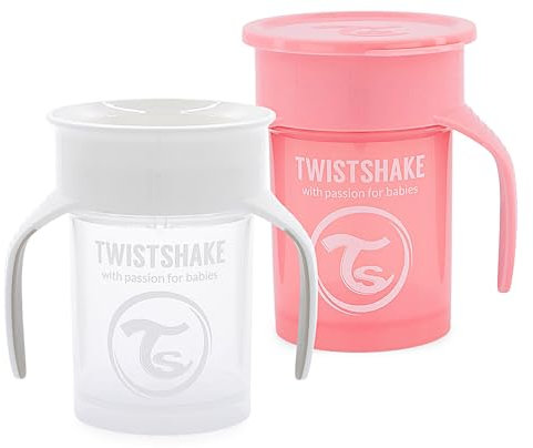 Twistshake 2x Auslaufsicherer Baby 360 Trinkbecher mit Silikondichtung - 230ml | Trainingsbecher für Kinder | Trinkflasche | BPA-Frei | Weiß Rosa