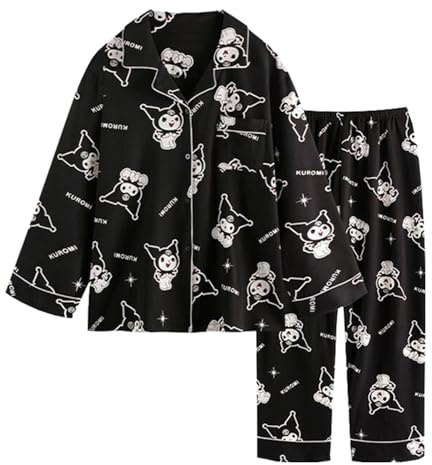WANHONGYUE Kawaii Kuromi Pigiama Donna Ragazza Lungo Due Pezzi Maglietta Manica Lunga e Pantalone Lungo Set di Pigiama Camicie da Notte Abbigliamento per La Casa Nero M