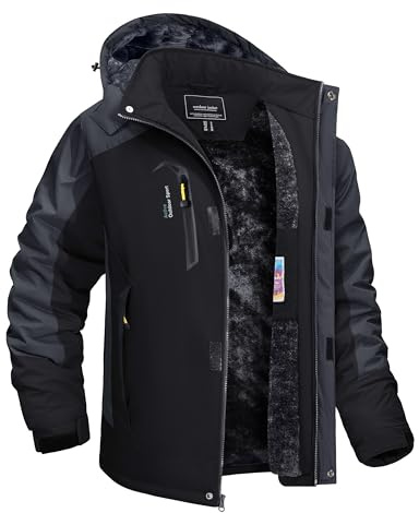 TACVASEN Winter Jacket Men Fleece Coat Mens Water-Resistant fleece Jacket Snowboarding Snow Ski Jacket Military Jacket Coat Parka Hood Raincoat Black Grey