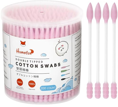 HOMEFOX Pink Cotton Swabs Spiral Pointed - 200 Count Organic Cotton Buds Double Side Tightly Wrapped Precision Cotton Tips Paper Stick Soft Gentle Lint-Free Cruelty-Free, Spiral & Pointy (Pink)