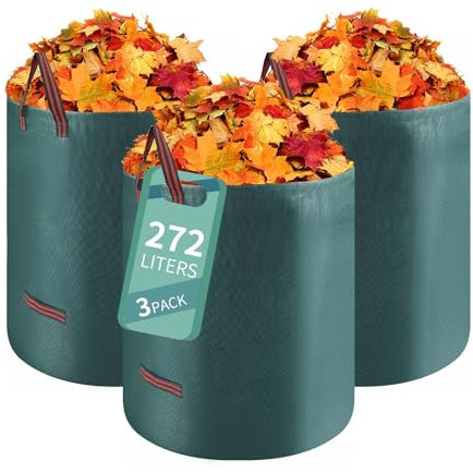 Hibisaws 3 Pack 272L Garden Waste Bags, Green, Foldable, 24cm W x 30cm L x 6.3cm H, 1kg Each, 333g Net Weight, Polypropylene, Corrosion Resistant, Decomposable, Suitable for Leaves, Rubbish and Gravel