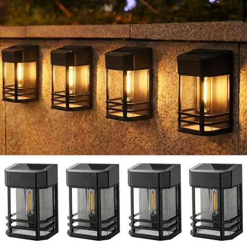 nipify 4 Pack Solar Fence Lights, Waterproof Solar Wall Lights Outdoor Warm White, Auto On/Off Retro Solar Powered Lighting for Garden Yard Gate Door Patio