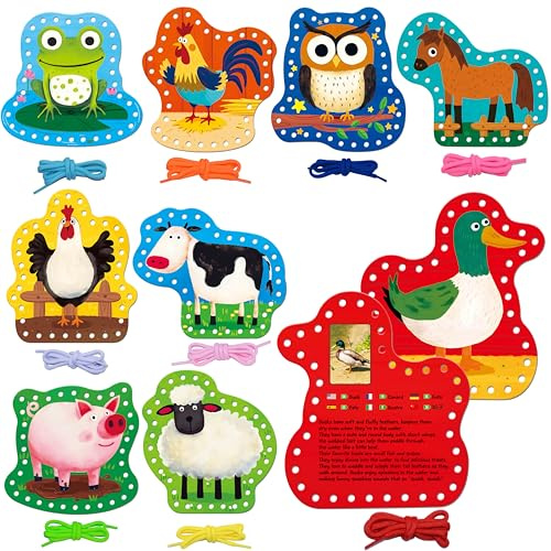 SpriteGru 9 PCS Kids Lacing Cards, 9 Double Sided Farm Animals Sewing Cards with 9 Colorful Laces, Educational & Learning Toys for Preschoolers, Kids Ages 3+