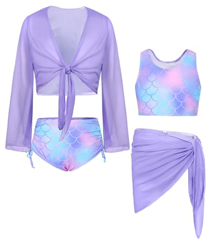 Grace Karin baddräkt för flickor, fyrdelat set, bikiniset för knytning fram, tankini baddräkt, baddräkt, lila, 12 år