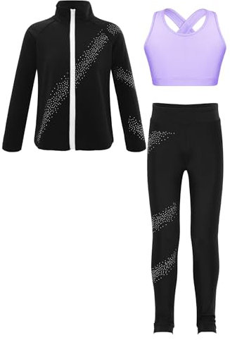 FEESHOW Mädchen Sport Kleidung Set Eiskunstlauf Anzug Sport BH Sport Leggings Sweatjacke Set Kinder Eislaufen Trainingsoutfit Yoga Workout Outfit Lavendel_B 146-152