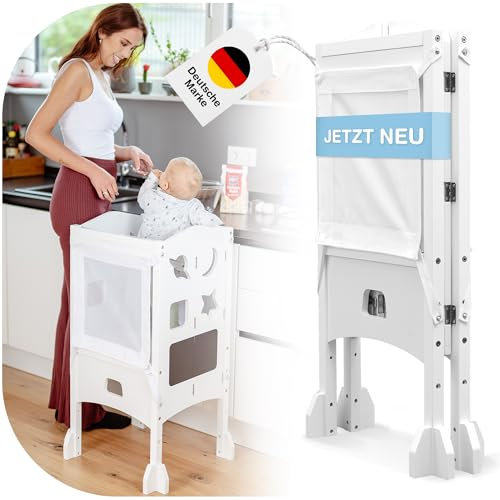 BabybeFun Lernturm ab 1 Jahr - Lernturm klappbar inkl. 360° Sicherheitsnetz - Extra Stabiler und massiver Learning Tower - vormontiert geliefert mit Anti-Kipp-Schutz