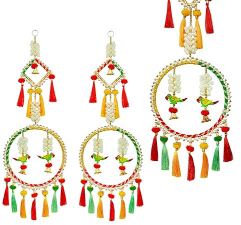Set of 2 Door Hanging with Artificial Mogra Flower - Round Frame Wooden Parrot String Hanging for Home Wall Temple Door Festival Decoration (Size: 24)