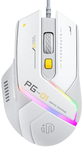 INPHIC PG1 Gaming Mouse, RGB Gamer Mouse Wired with 6 Programmable Buttons, 12800 DPI Tracking, Chroma RGB Backlit, PC Computer Mice for Windows/Mac, White Gray