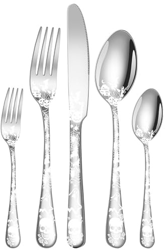 XIAOYU 5 Piece Halloween Themed Skeleton Silverware Set, Skull Gothic Cutlery Set Includes Knife Fork and Spoon, Stainless Steel Flatware Tableware for Halloween Easter and Christmas, Silver