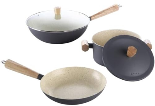 RUVOO Batteria di Pentole, Set di 3 Pentole per Zuppa Wok in Ferro, Padella Antiaderente, con Coperchio, Pentola da Cucina Utensili Cucina Set Pentole