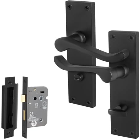 EAI Matt Black Door Handles with Bathroom Lock 64mm - Victorian Scroll | Complete Bathroom Kit with 1 Pair of Victorian Scroll Lever on Backplate Door Handles, 64mm Bathroom Lock, Fixings Included