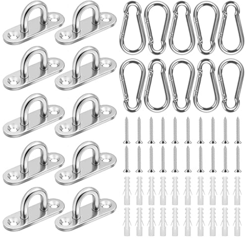 EUIOOVM 10 Stück Augplatte Edelstahl und 10 Stück Karabiner Edelstahl - M5 Augplatte mit Öse zum Aufhängen von Gegenständen, Befestigungshaken, Wandhalterung, Sonnensegel Befestigung, Deckenhaken