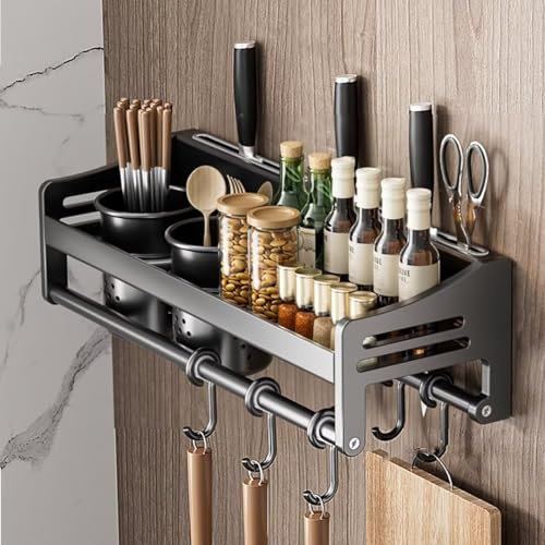 Tielag Gewürzregal Wand, Küchenregal Hängend Ohne Bohren, Wandregal Küche, 40×13.4×12CM Gewürz Organizer Metall, Gewürzhalter mit Haken und 2 Utensilienhalter, Handtuchhalter, Messerhalter, Grau