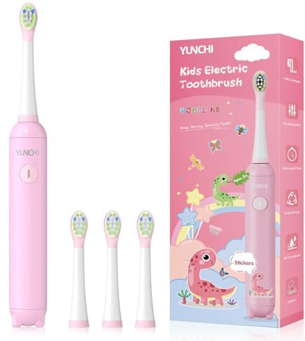 YUNCHI Kids Electric Toothbrush, Rechargeable Kids Toothbrushes with Timer, lPX7 Waterproof Toddler Toothbrush Funny DIY Stickers with 4 Brush Head Tooth Brush K5 (Pink)